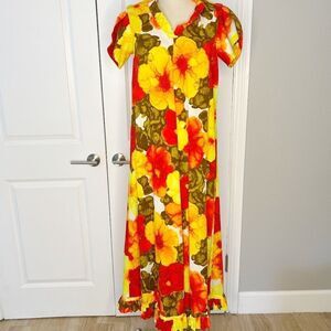 Vintage Hilo Hattie By Evelyn Margolis Hawaiian Floral Mumu Dress Sz Small Med